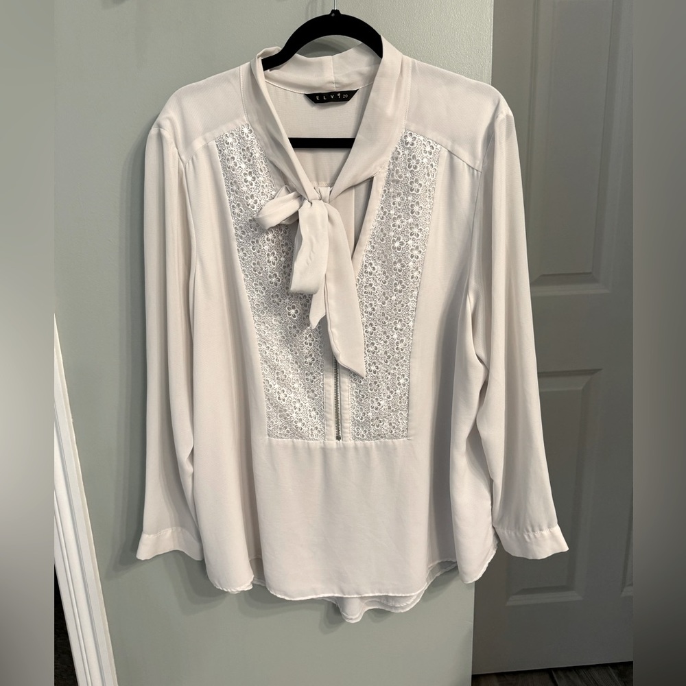Tie Neck Blouse with Floral Embroidered Detail in the color Smoke